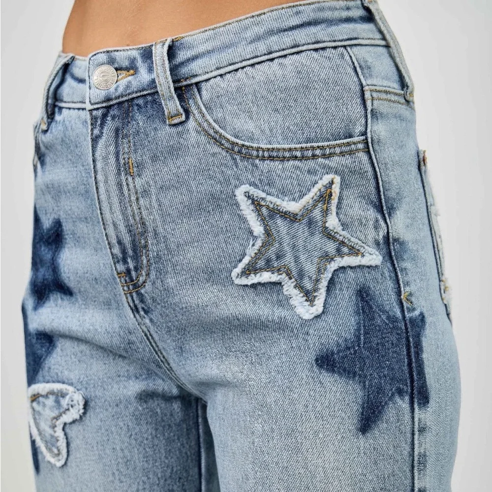 High Rise Star & Heart Patched Dad Jean W/stretch
